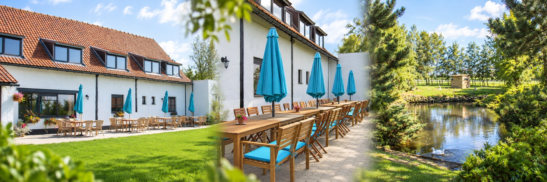 Ter Castaigne, collage van de hoeve, het terras en de vijver
