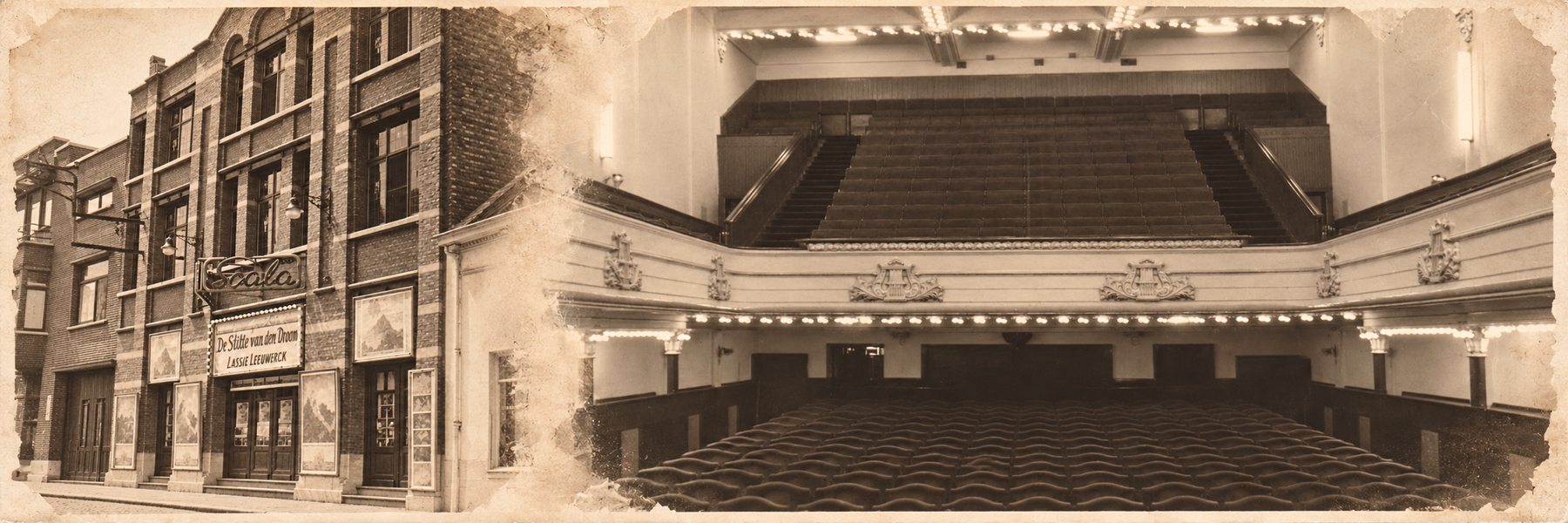 Scala, collage van historische gevel en zaal