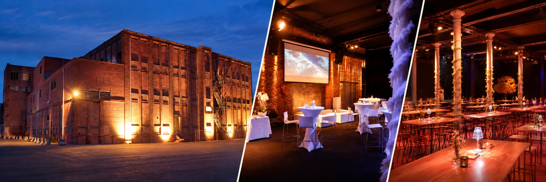 ArtCube en Cotton Cube, collage van echte fabrieksgevel, Lounge en BlackBox