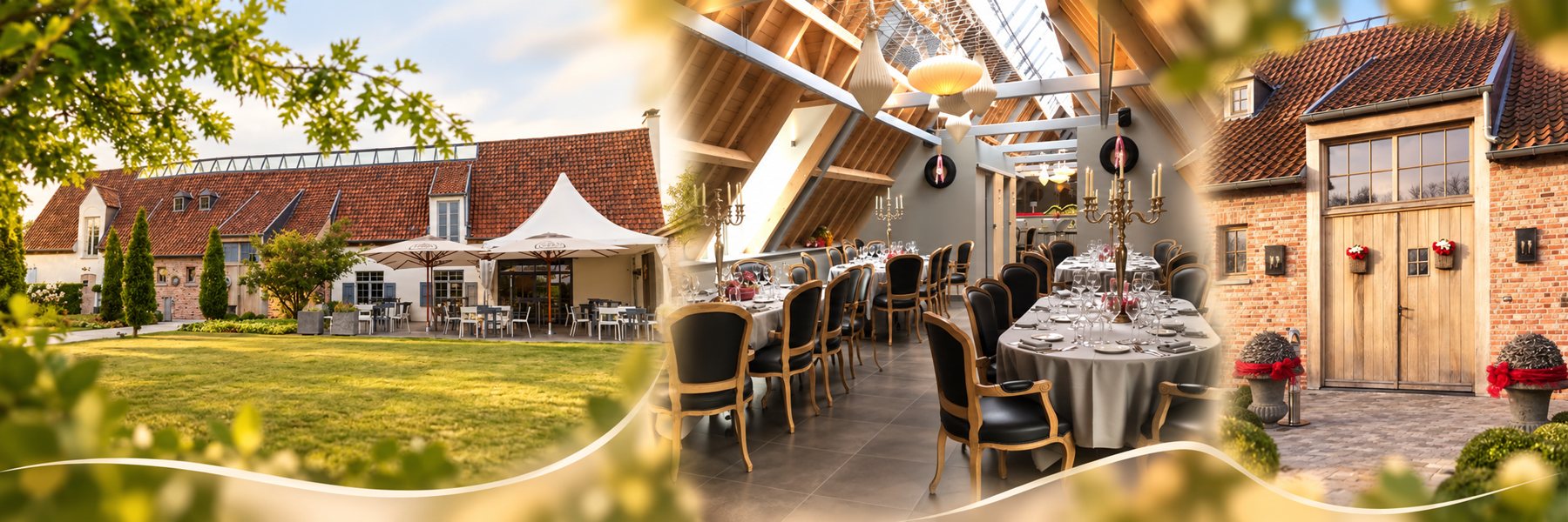 Amuse, zachte collage van echte tuin, gedekte zolderzaal en inkom