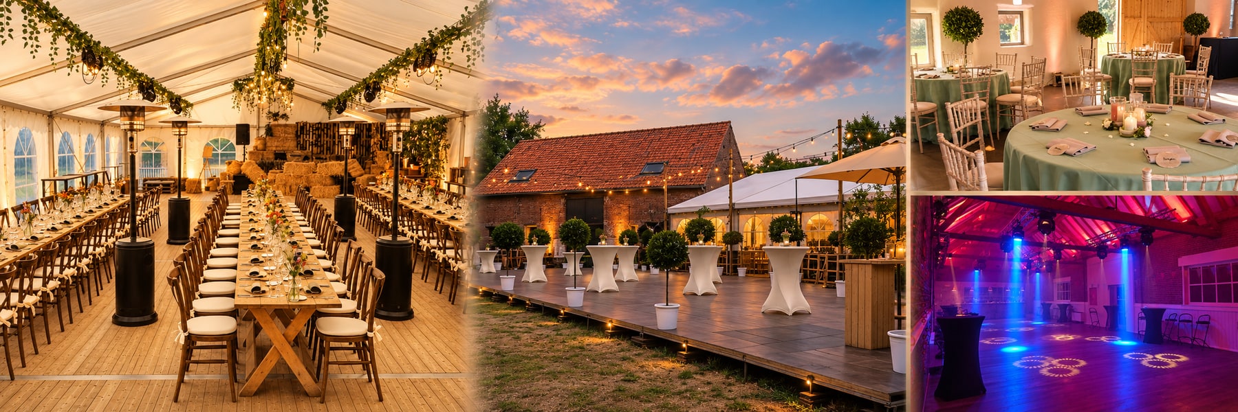 Domein 62, collage van feesttent, terras, dineropstelling en feestverlichting