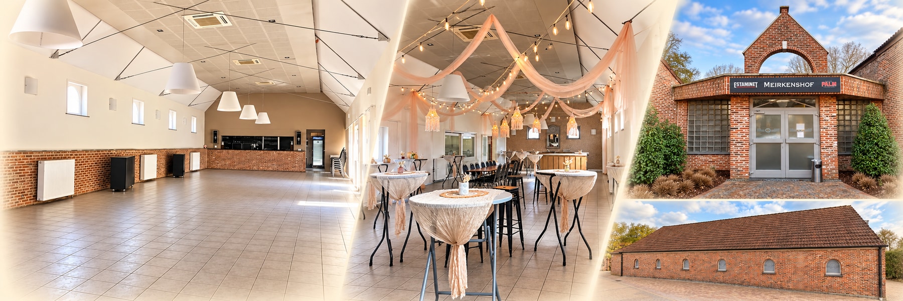 Collage van Meirkenshof met zaal, feestopstelling, ingang en hoevegevel