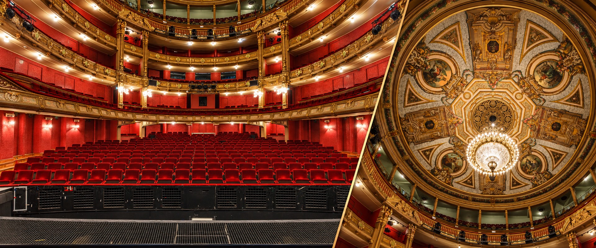 Fotocollage van het theater en beschilderde plafond van Opera Gent vóór de renovatie, op basis van ©VisitGent