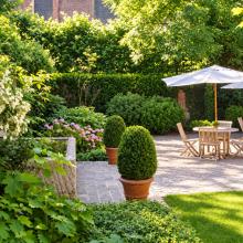 Zuidgerichte tuin en terras van De Moriaen